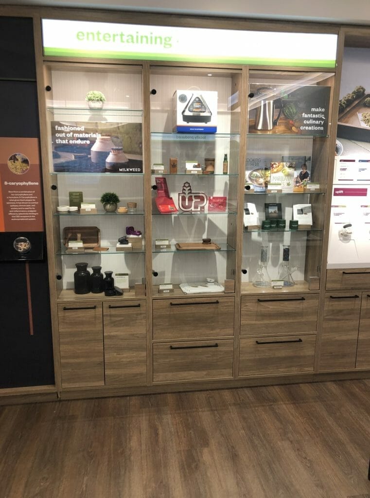Glass and wood shelving canabis display cases