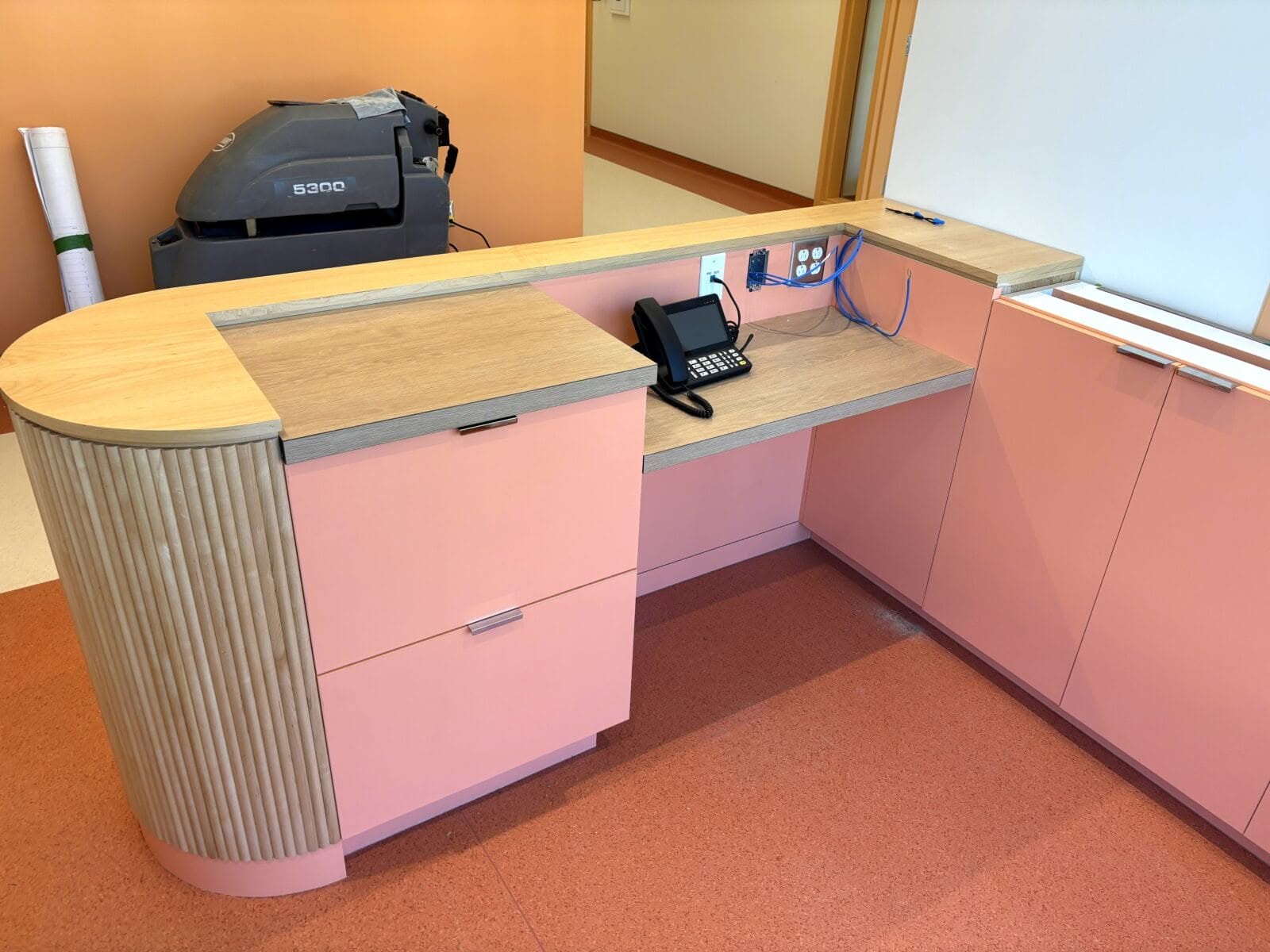 Curved reception desk at Brownsburg School fabricated by DNS Industries